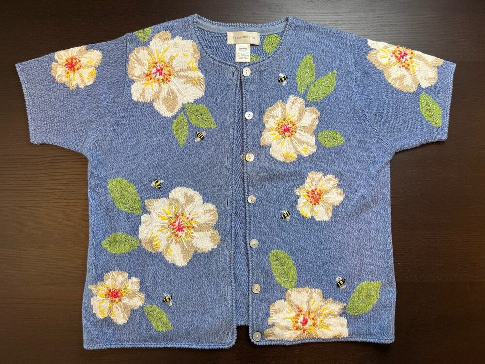 Vtg Susan Bristol Blue Bumblebee/Flower Half Sleeve Sweater Sz Large Cottagecore